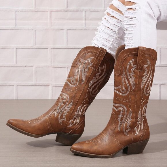 ⚡Women Brown Synthetic Cowgirl Mid Calf Pointed Toe Chunky Block Heel Boots - Picture 2 of 5